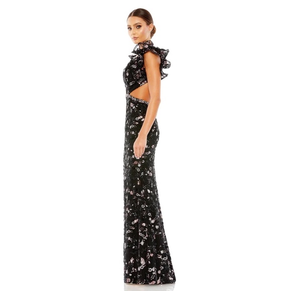 Mac Duggal Sequin Embellished Ruffle Shoulder Lace-Up Back Sheath Gown - Picture 3 of 10